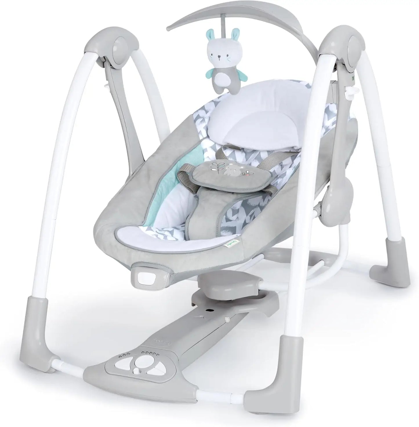 Ingenuity - Balançoire portable Swing 'n Go - Hugs and Hoots, 5 vitesses de swing, 8 mélodies apaisantes, barre à jouets amovibl