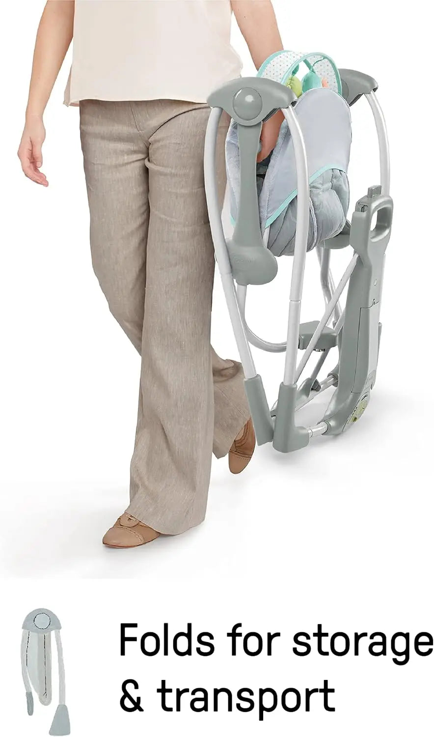 Ingenuity - Balançoire portable Swing 'n Go - Hugs and Hoots, 5 vitesses de swing, 8 mélodies apaisantes, barre à jouets amovibl