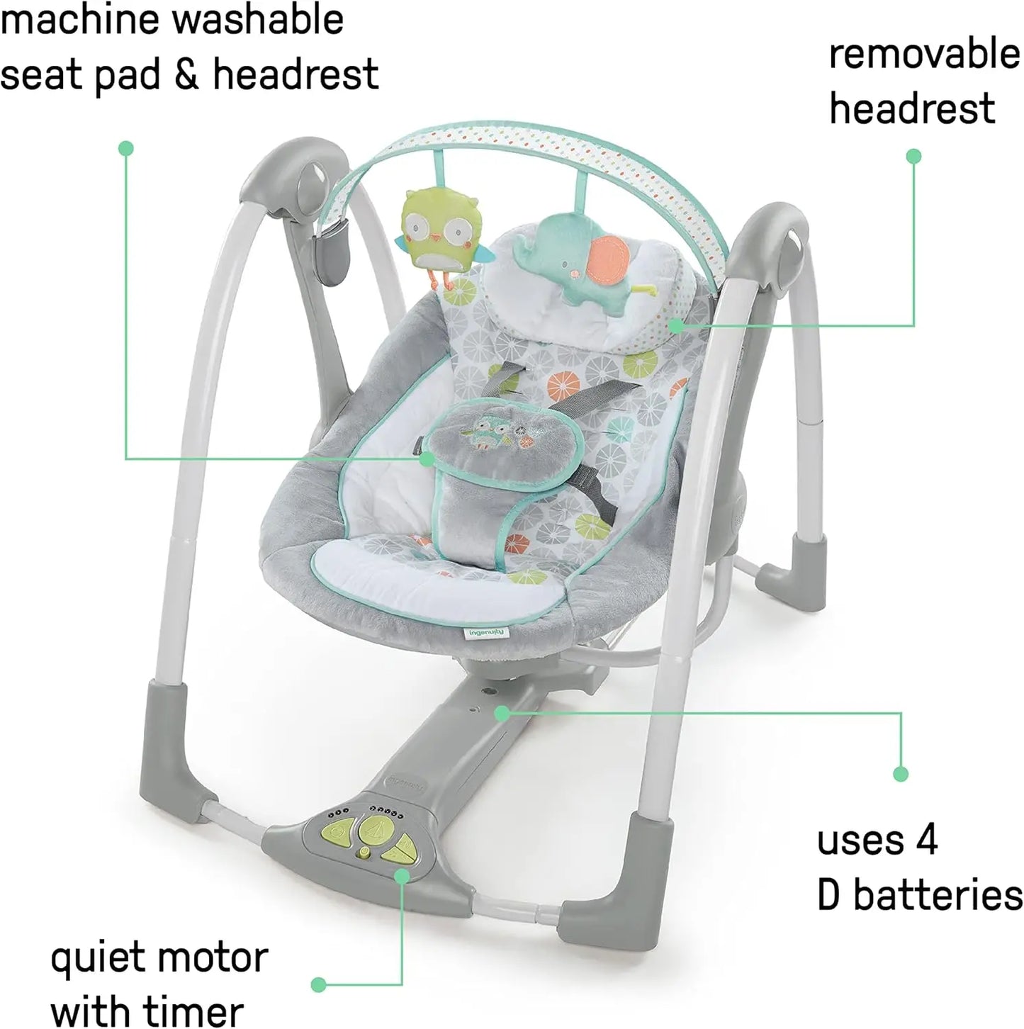 Ingenuity - Balançoire portable Swing 'n Go - Hugs and Hoots, 5 vitesses de swing, 8 mélodies apaisantes, barre à jouets amovibl