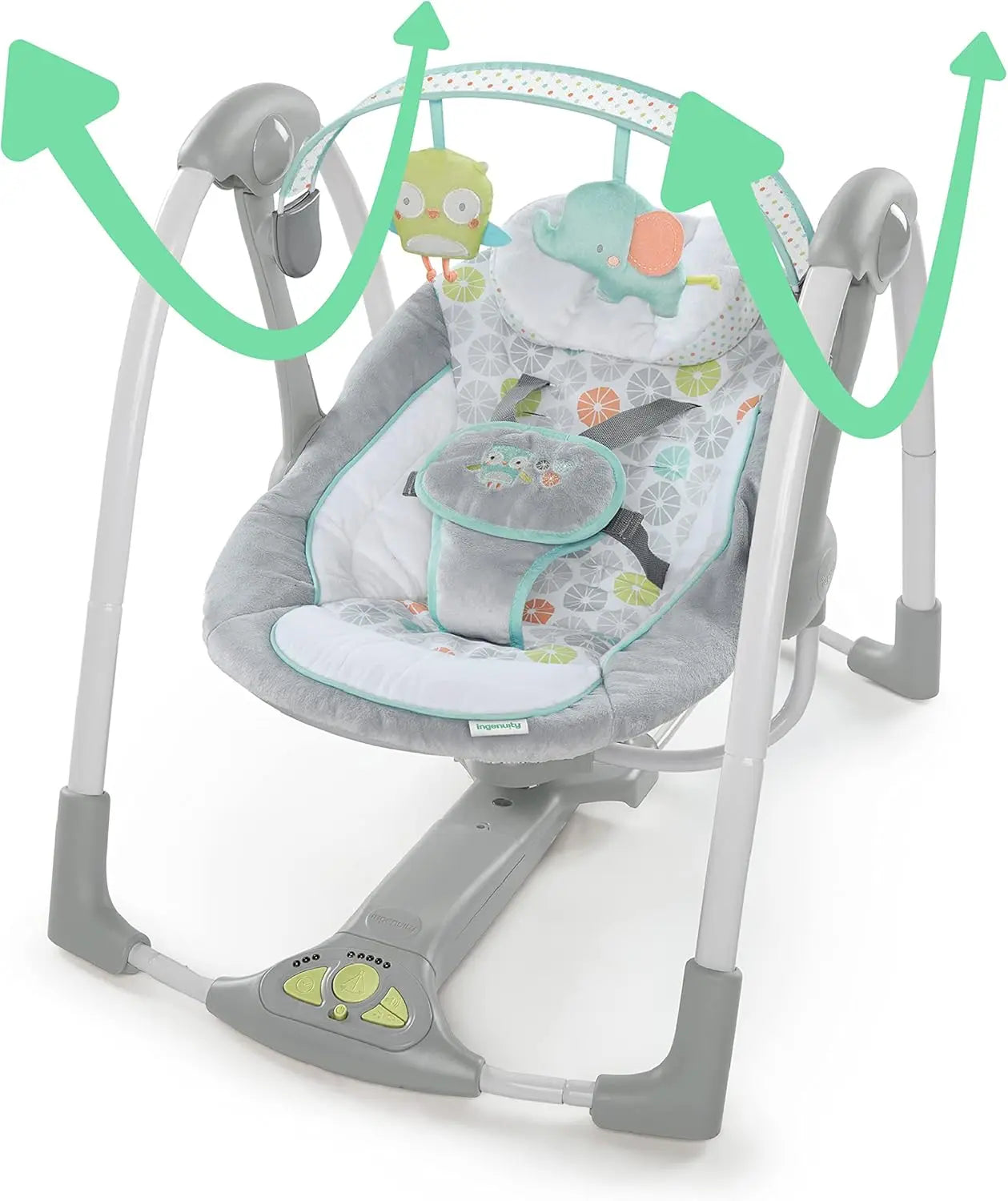 Ingenuity - Balançoire portable Swing 'n Go - Hugs and Hoots, 5 vitesses de swing, 8 mélodies apaisantes, barre à jouets amovibl