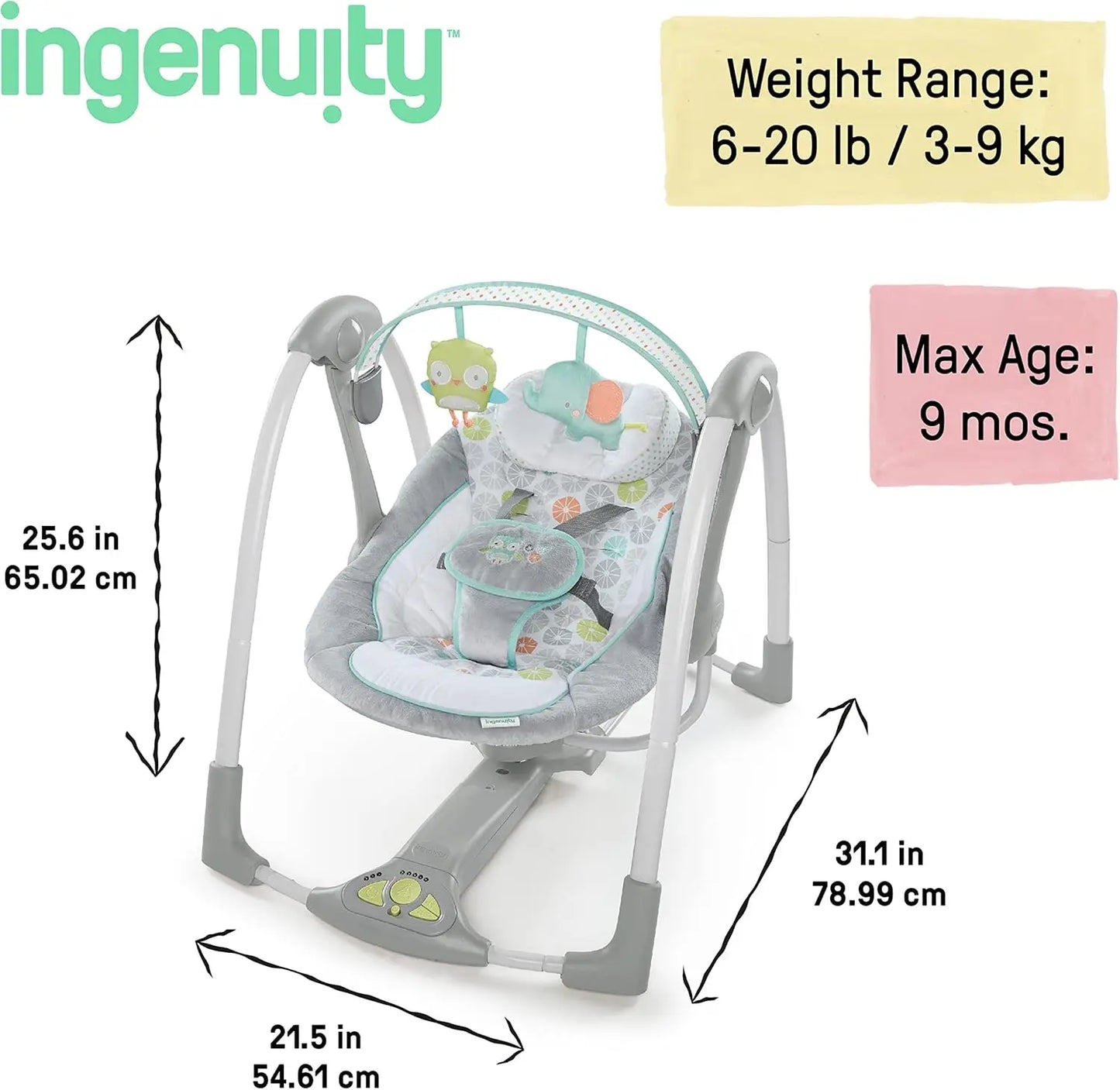 Ingenuity - Balançoire portable Swing 'n Go - Hugs and Hoots, 5 vitesses de swing, 8 mélodies apaisantes, barre à jouets amovibl