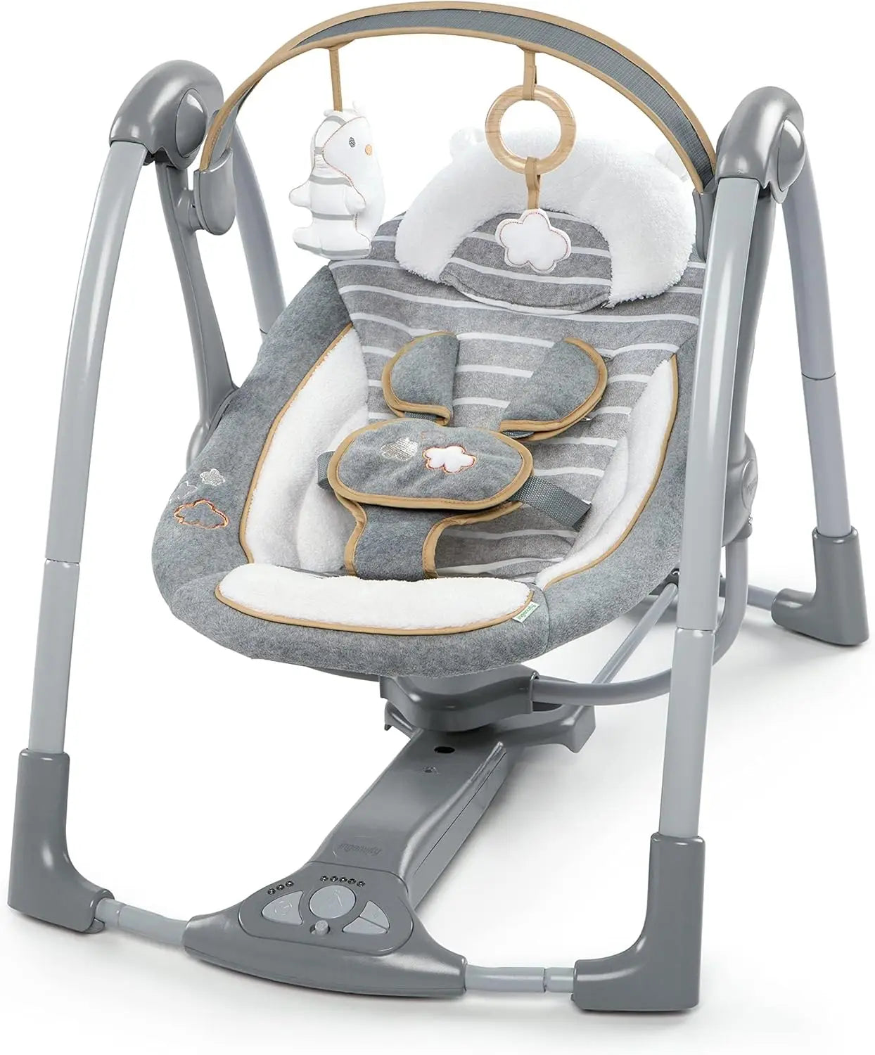 Ingenuity - Balançoire portable Swing 'n Go - Hugs and Hoots, 5 vitesses de swing, 8 mélodies apaisantes, barre à jouets amovibl