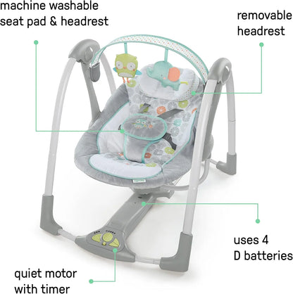 Ingenuity - Balançoire portable Swing 'n Go - Hugs and Hoots, 5 vitesses de swing, 8 mélodies apaisantes, barre à jouets amovibl
